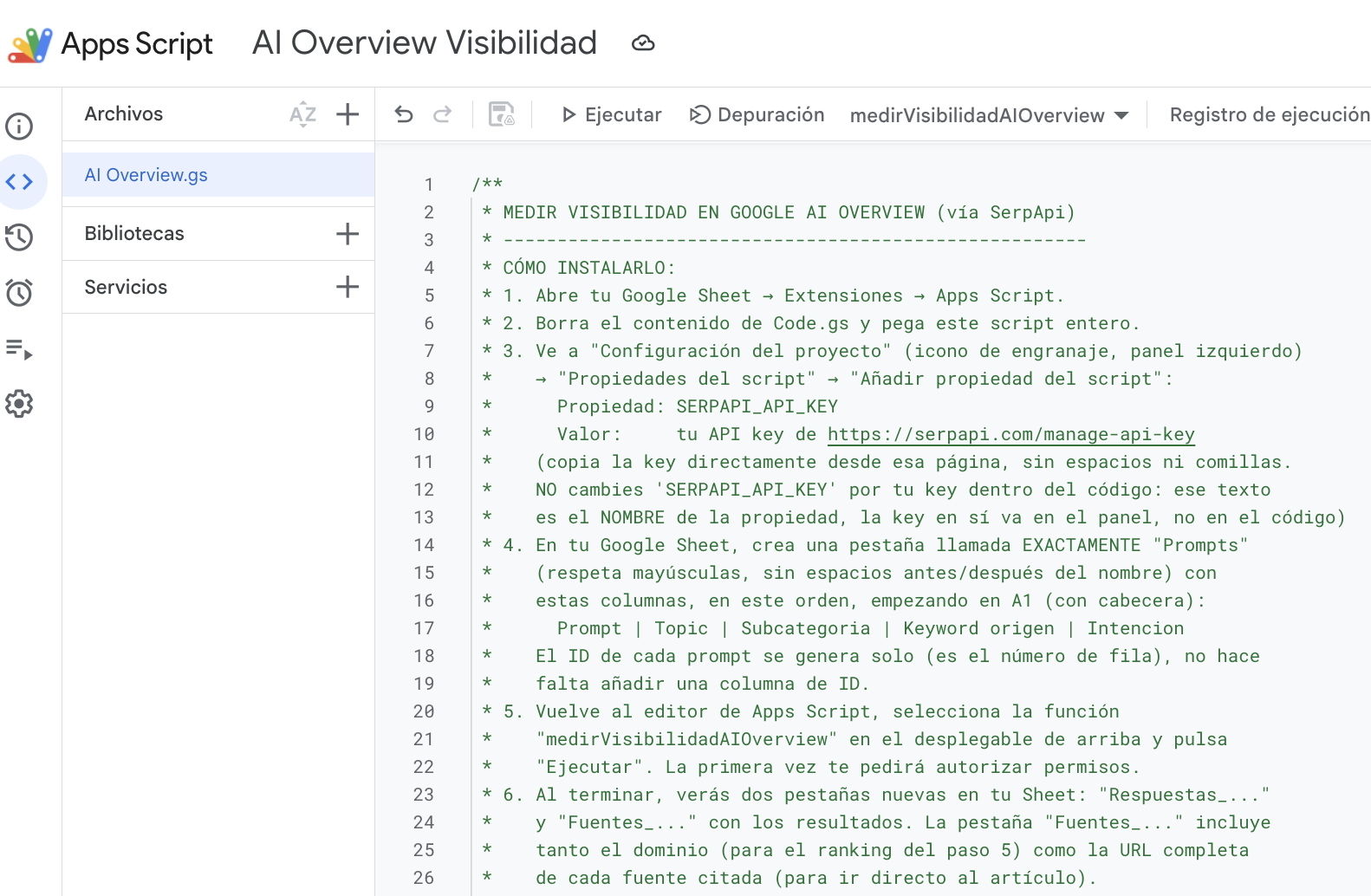 Script pegado en el editor de Apps Script - Tortoise Walk